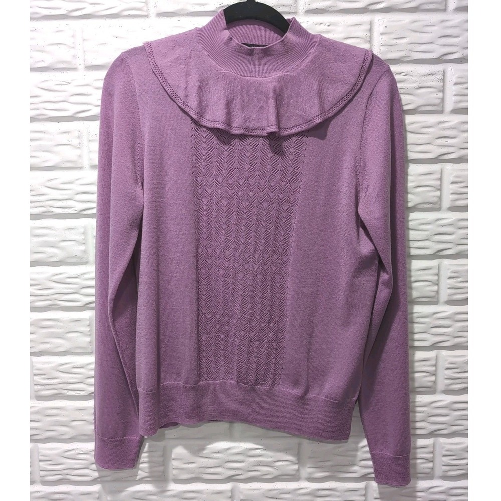 J.Crew Womens Purple Ruffle Mock Neck Pointelle Knit Wool Sweater Size M Preppy